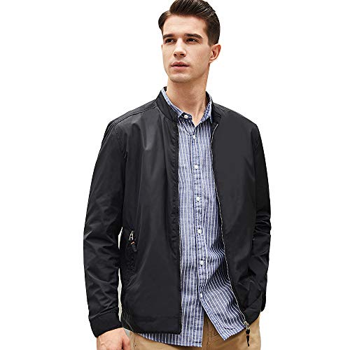 BEVERRY Men's Lightweight Casual Slim Fit Black Jacket Collarless Coats Zip Up Windbreakers