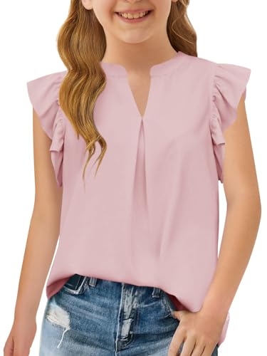 Image of Haloumoning Girls Summer T Shirts Kids Fashion V Neck Ruffle Short Sleeve Tops Blouse 5-14 Years