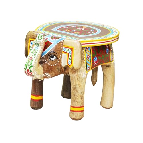 Image of Hand-Crafted and Colorful Emboss Painted Wooden Elephant Shape Stool Cum Gardan Table,Decorative Showpiece (8 Inches Height, Natural)