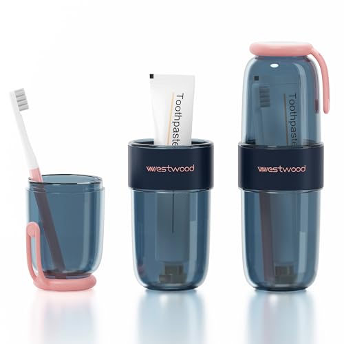 HyJeryty Transparent Blue Plastic Travel Toothbrush Holder Case with Cover, Portable Travel Toothbrush Cup, Storage Container for School Camping Business Trip Bathroom