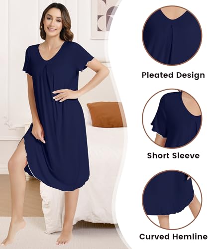 Image of NACHILA Women's Nightgowns-Viscose Made from Bamboo,Soft Nightshirt Short Sleeve Sleepwear Cooling Sleepshirts