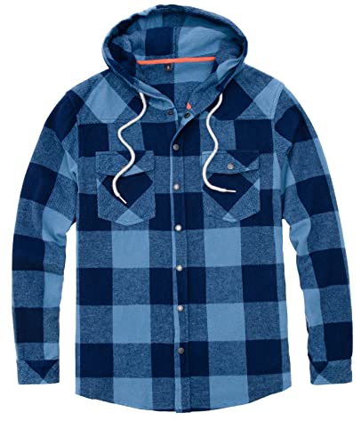 Men's Hooded Plaid Flannel Shirt Jacket Snap Button Flannel Hoodie with Hand Pockets (Heavyweight 10.6 Oz Fabric)