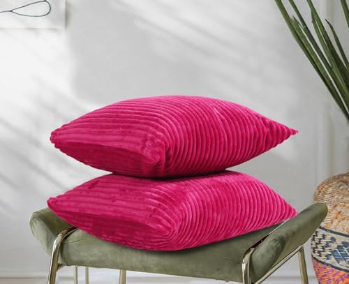 Image of RD TREND Cushion Cover Set of 2, Decorative Sofa Living Room Home Square Cushion Covers 24 Inch x 24 Inch, Aesthetic Corduroy Striped Double Sided (Magenta)