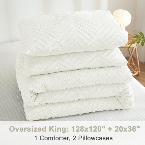 Image of Litanika Oversized King Comforter Set Ivory, 3 Pieces Tufted Boho Farmhouse Bedding Comforter Set, Lightweight Fluffy All Season Comforter Set (120x98In Comforter & 2 Pillowcases)