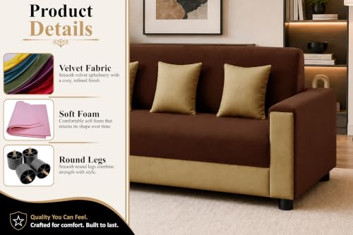 Image of Modern 3 Seater Sofa | Contemporary Upholstered Couch | Premium Cushioned Seating | Stylish Armrest Design | Comfortable Sofa for Living Room, Bedroom & Office - Brown + Beige Color