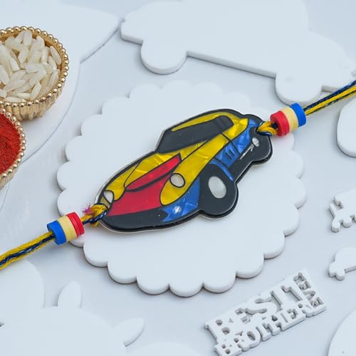 Image of eCraftIndia Car Design Rakhi for Kids Girls Boys with Best Bro Ever Fridge Magnet | Raksha Bandhan Kids Rakhi for Brother Bhaiya Bhai | Roli Chawal Pack