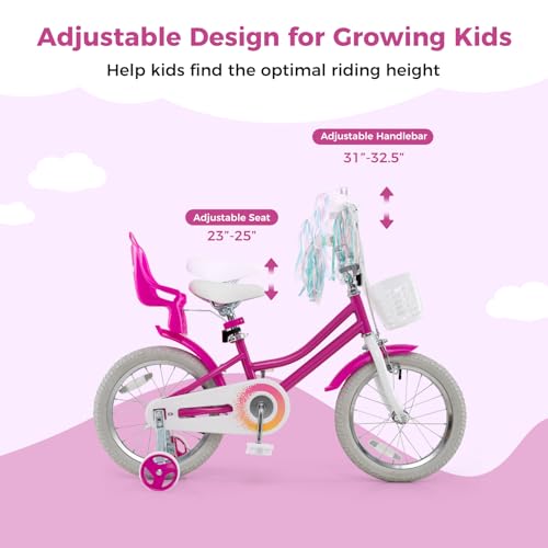 Image of BABY JOY Girls Bike with Streamers & Doll-Seat, Kids Bike for 3-8 Years Old | 12 14 16 18 20 Inch Children Bicycle w /Detachable Training Wheels or Kickstand, Storage Basket, Adjustable Seat and Handlebar