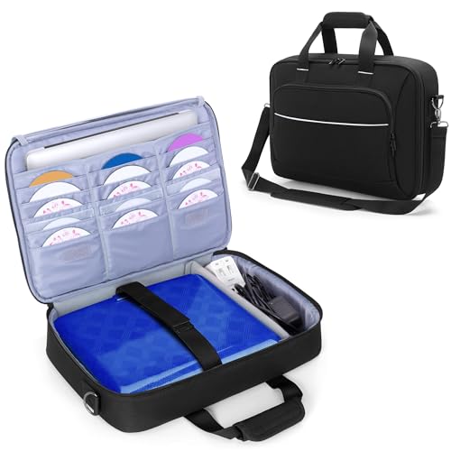 Rexmica Travel Carrying Case for Portable DVD Player (Fits 14.1-17.5 inch), Portable DVD Player Case Bag with Laptop Sleeve, 15 DVD Storage Pockets, Front Accessory Pocket, Black (Patented Design)