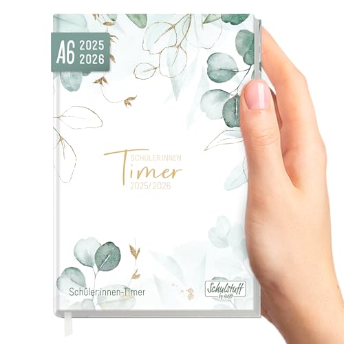 Schulstuff Schüler-Timer A6 2025/2026 Mini Schülerkalender Laufzeit Aug 2025 - Juli 2026, Schülerplaner (11 x 15 cm), Hausaufgabenheft Mint Blattgold - nachhaltig & klimafreundlich