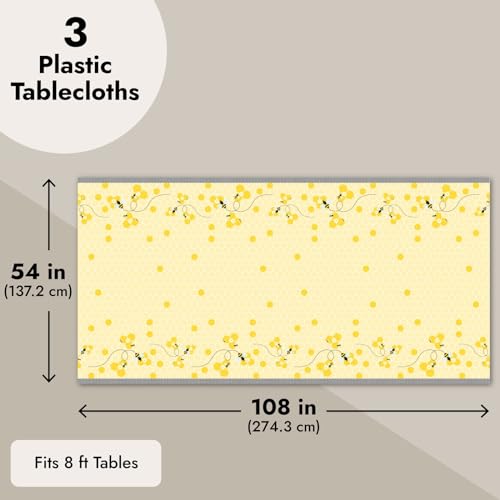 Image of BLUE PANDA Bee Tablecloth Set 3-Pack - 54 x 108 in Multicolor Plastic - Disposable Bee Party Supplies Table Cover for Birthday, Baby Shower & Gender Reveal - Bumblebee Honeycomb Party Decorations