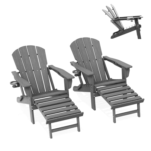 LOUNZY Folding Adjustable Adirondack Chair with Retractable Ottoman Set of 2,HDPE Recliner Adirondack Chair with Cup Holder for Deck Lawn Fire Pit,Gre
