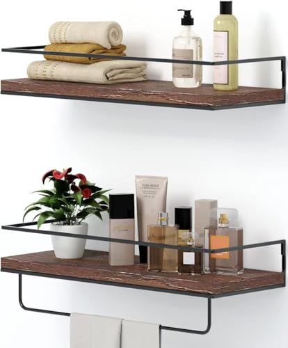 Image of Shario Rustic Wood Floating Shelves - Set of 2, Wall Mounted Hanging Shelves with Black Towel Rack, Decorative Storage Shelves for Bathroom, Kitchen, Living Room Bedroom (Dark Carbonized Brown).