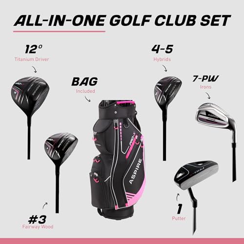 Image of Aspire PRO-X 16-Piece Womens Golf Club Set, Includes Titanium F Driver, #3 Fairway Wood, 4-5 Hybrids, 7-SW Irons, Putter, Cart Bag, 4 H /C's, Golf Clubs Women Right Handed, Regular & Petite Sizes