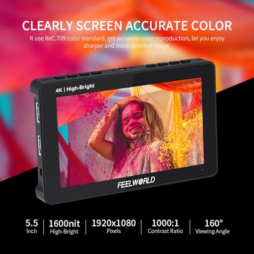 Image of FEELWORLD F5 Prox 5.5 Inch 1600nit High Bright DSLR Camera Field Monitor Touchscreen Waveform 3D LUT F970 External Kit Install for Power Wireless Transmission 1920x1080 4K HDMI in Out Type-c Input