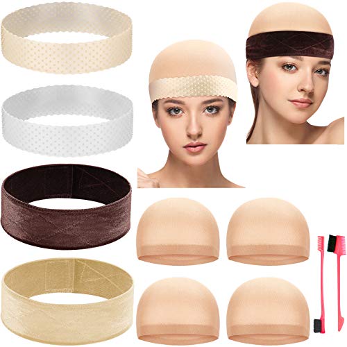 10 Pieces Wig Grips Band Set Include Stocking Wig Cap Velvet Adjustable Wig Band Silicone Wig Grip Band Sweatproof Wig Headband Double Sided Hair Edge Brush for Women Sport Yoga Cosplay