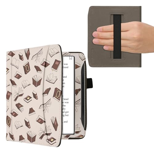 kwmobile Flip Hülle kompatibel mit Pocketbook Era/Era Color - Vorderfach Handschlaufe - Bücher und Seiten Beige Braun Gold