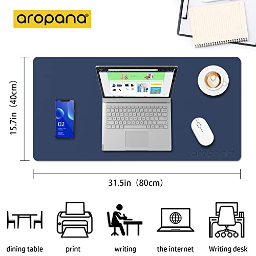 Image of Aropana Vegan Leather Desk Mat | Large Reversible Mouse Pad & Computer Table Protector | Dual-Side Waterproof Extended Laptop Pad with Edge-Stitched Design (80x40 cm, Navy Blue and Yellow)