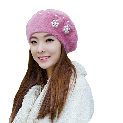 French Beret Fashion Style Women Lightweight Casual Classic Solid Color Wool Beret Pearl Beanie Hats, Pink 2