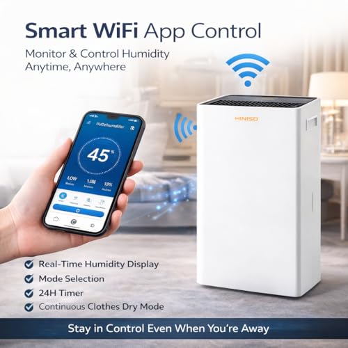 Image of HINISO 22L Smart WiFi Compressor Dehumidifier with HEPA 13 Air Purification for Home up to 4500 Sq.ft | UV & Ionizer | 5.5L Tank | Continuous Clothes Dry Mode | Auto Defrost