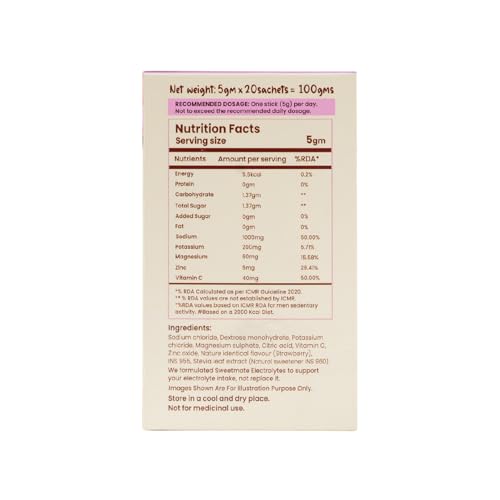Image of Sweetmate Sugar Free Strawberry Electrolyte Drink Mix Sweetened With Stevia -5g (20 Sachet) No Preservatives and Chemicals | Offers 10x more Electrolyte