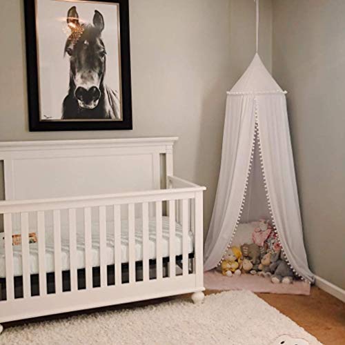 Loaol Kids Bed Canopy With Pom Pom Cotton Canopy For Crib Baby Girl Netting Cover Canopy Crib Curtain Reading Nook Hanging Tent Nursery Play Game Castle House Decoration (White Pompom) #TOP7