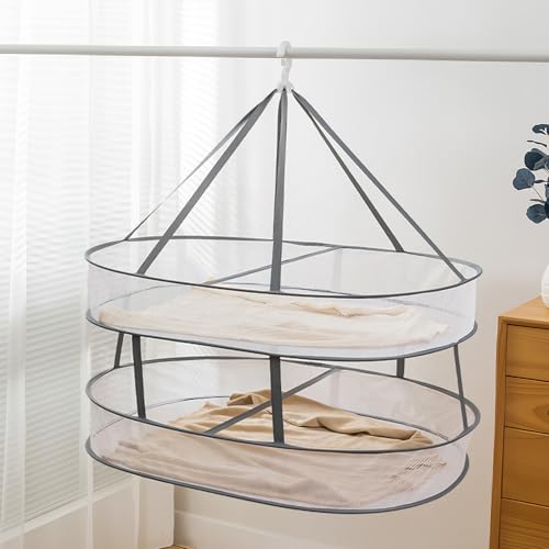 Vtuesxn 平干しネット セーター干しネット 折りたたみ式 2段構造 物干しネット 平ぼしネット 衣類変形防止 ニット 干し 大容量 防風 通気 型崩れしにくい コンパクト  屋内外両用 洗濯物虫よけ カメムシ 干し物ネット 家庭用 吊り下げ式フック (長方形楕円型)