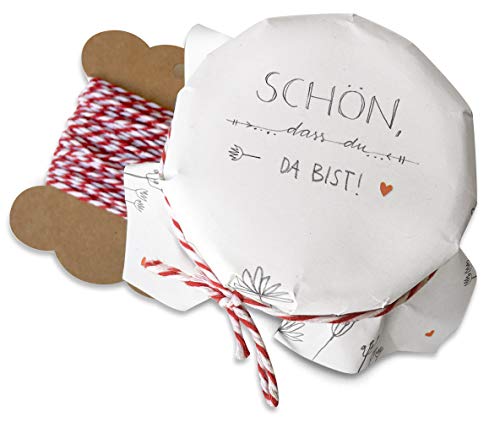 25 Marmeladendeckchen - schön, dass du da bist - Gläserdeckchen Weiß mit Handlettering Blumen für Marmelade, Marmeladengläser & Einmachgläser, Recyclingpapier Abreißblock + 10 m Garn + Justiergummi