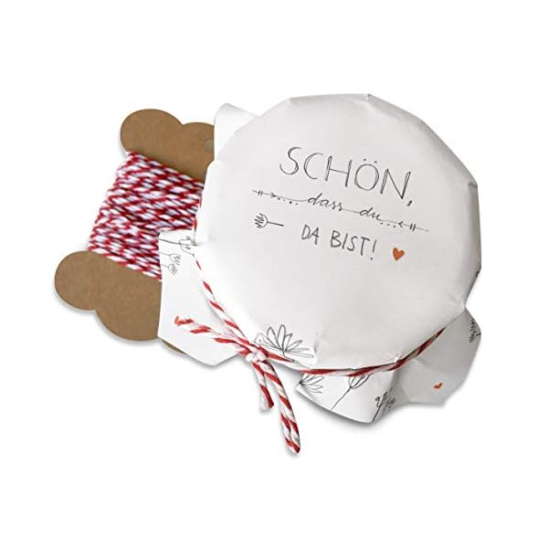 25 Marmeladendeckchen - schÃ¶n, dass du da bist - GlÃ¤serdeckchen WeiÃ mit Handlettering Blumen fÃ¼r Marmelade, MarmeladenglÃ¤ser & EinmachglÃ¤ser, Recyclingpapier AbreiÃblock + 10 m Garn + Justiergummi