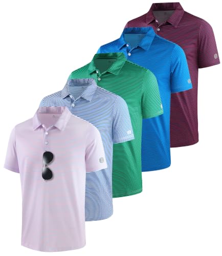 Image of ZITY 5 Pack Mens Golf Striped Polo Shirts Short Sleeve UPF 50+ Moisture Wicking Athletic Daily Casual Collared Shirt