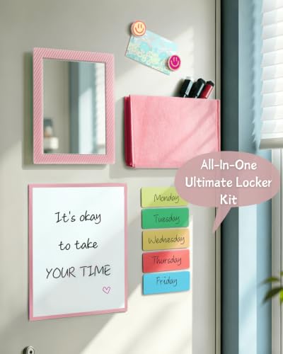 Image of Mymazn Locker Accessories Kit Magnetic Mirror for School Locker Rose Pink | 14 Pcs Includes Magnetic Mirror, Whiteboard, Pen Holder, Magnetic Labels & Locker Magnets. Fits School Lockers Office