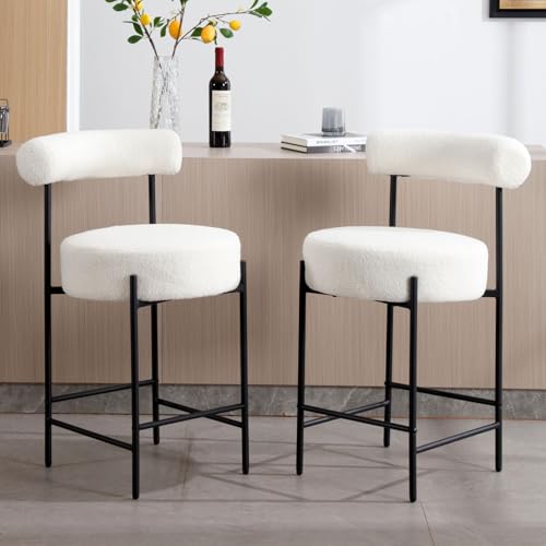 ROCITY Juego de 2 taburetes de bar de sherpa blancos modernos con altura de mostrador, taburetes tapizados con respaldo de barril, sillas de isla de cocina de 26 pulgadas con patas de metal