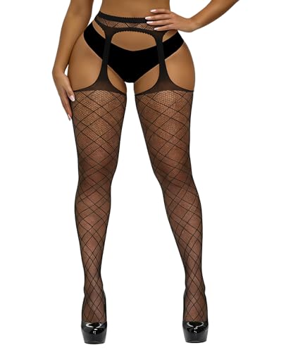 Image of Sesiwadbe Womens Fishnet Patterned Tights High Waist Suspenders Pantyhose Thigh High Stockings
