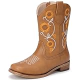 Bybmorto Girls Cowboy Boots with Sunflower Embroidery, Western Cowgirl Boots for Toddler/Little/Big Kids, Square Toe Side Zipper Non-Slip Shoes for Daily Birthday Wear