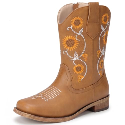 Bybmorto Girls Cowboy Boots with Sunflower Embroidery, Western Cowgirl Boots for Toddler/Little/Big Kids, Square Toe Side Zipper Non-Slip Shoes for Daily Birthday Wear