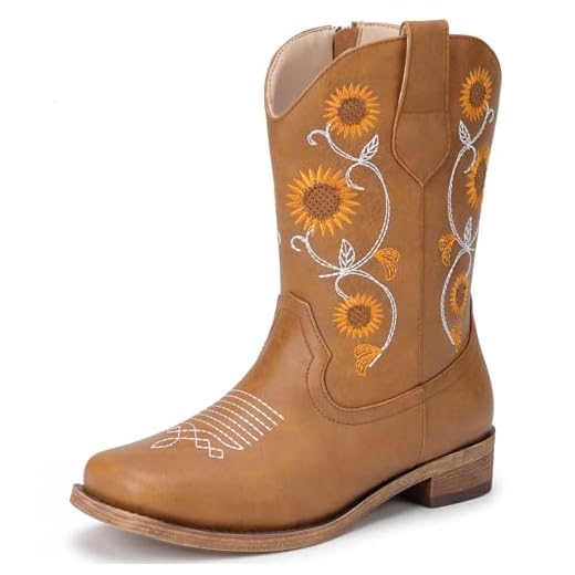 Bybmorto Girls Cowboy Boots with Sunflower Embroidery, Western Cowgirl Boots for Toddler/Little/Big Kids, Square Toe Side Zipper Non-Slip Shoes for Daily Birthday Wear