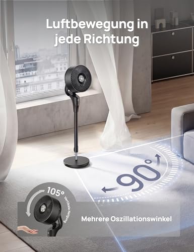 DREO Leiser Standventilator für Schlafzimmer [Verbessert], 27m Luftstrom, Leise, 90° Oszillierend, DC-Motor, 8 Geschwindigkeiten, 3 Modi, 96–106cm Höhenverstellbar, 8H Timer, 105° Manuell Neigbar