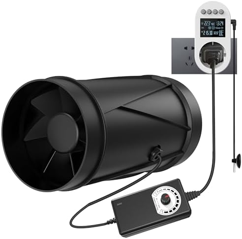 Aygrochy Rohrventilator 100mm EC Lüfter regelbar leise für Abluft | Steckdose mit Timer, nachlauf, Temperatursensor und Feuchtigkeitssensor, für Wintergarten Growzelte Keller