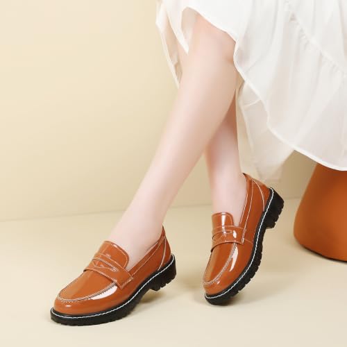 Image of Black Penny Loafers for Women, Shiny Comfortable Dress Work Shoes
