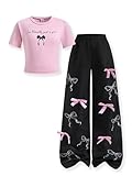 FJLSJSW Girls Clothes 2 Piece Outfit Short Sleeve Top + Bow Cargo Pants Girls Spring and Fall Outfits, Sizes 7-8 Years