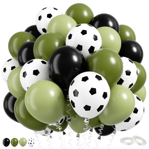 Image of Soccer Balloons, 60 Pcs 12 Inch Green Black White Balloons with Soccer Print for Boys Birthday Sports Party Soccer Theme Decorations