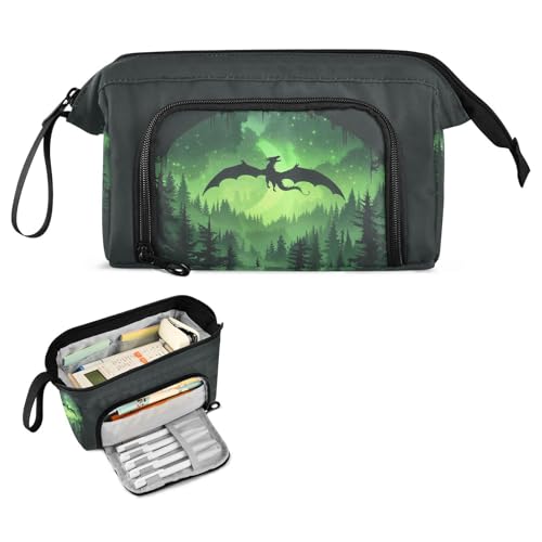 Image of Cool Dragon Green Pencil Bag Pencil Case for Teen Boy Girl, Big Capacity Pen Bag Zipper Pencil Pouch with Handheld Aesthetic Pencil Pouch with Print School Office Pencils Stationery