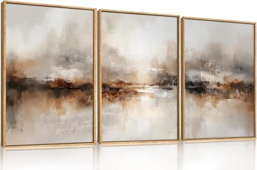 Grande toile abstraite marron beige lianyibo décoration salon moderne triptyque