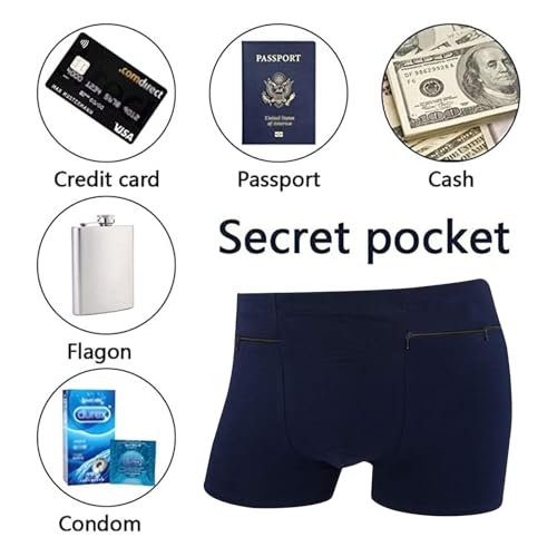H&R Pocket Underwear for Men with Secret Hidden Pocket, Travel Stash Boxer Brief, 2 Packs (Dark Blue) (US, Alpha, Small, Medium, Regular, Regular, Dark Blue)3