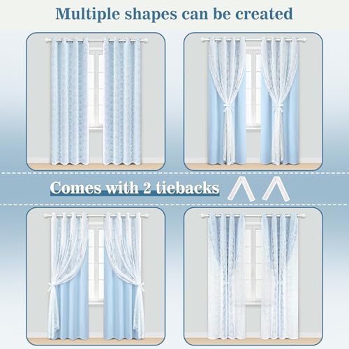 Image of Yinhua Blue Curtains for Living Room Blackout Curtains for Bedroom 84 Inches Long Double Layer Curtain with Tiebacks, Thermal Insulation Grommet Drapes for Nursery Dining Room, 52 inch W x 84 inch L