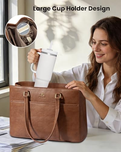 Image of LOVEVOOK Lunch Bag for Women, Leather Work Laptop Tote Bag with Insulated Lunch Compartment&Cup Holder, 15.6 Inch 2 in 1 Lunch Tote for Business, Teacher, Nurse, Office, College, Casual