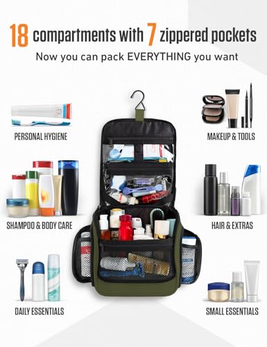 Image of VENTURE 4TH Hanging Travel Toiletry Bag, 18 Compartments - Dark Green