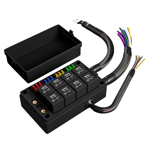 DaierTek 12V Fuse Box and Relay Block, 8 Relay 12 ATC-ATO Blade Fuse Pre-Wired Panel Dustproof Pre-Wired Fuse Relay Box for Automotive Car Marine Boat