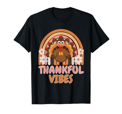 Thankful Vibes Turkey Rainbow Funny Retro Ringraziamento Donne Maglietta
