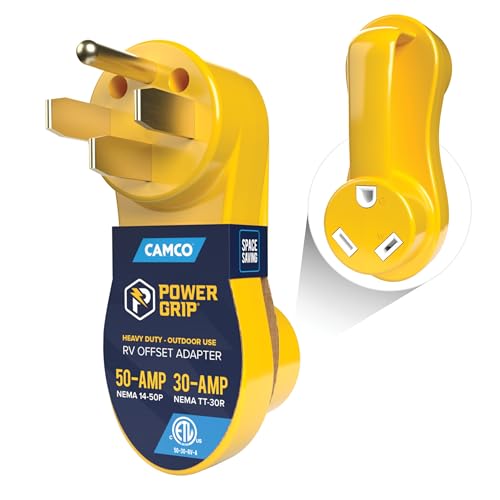 Camco Power Grip Electrical Offset Adapter - 50 amp to 30 amp RV Power Adapter - Offset Design to Relieve Cord Stress (55135)