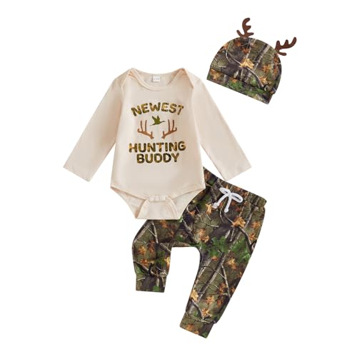 GOOCHEER Newborn Baby Boy Clothes Hunting Long Sleeve Romper Shirt Tops Pants Fall Winter Outfits Hat Set (Army Green, 0-3 Months)